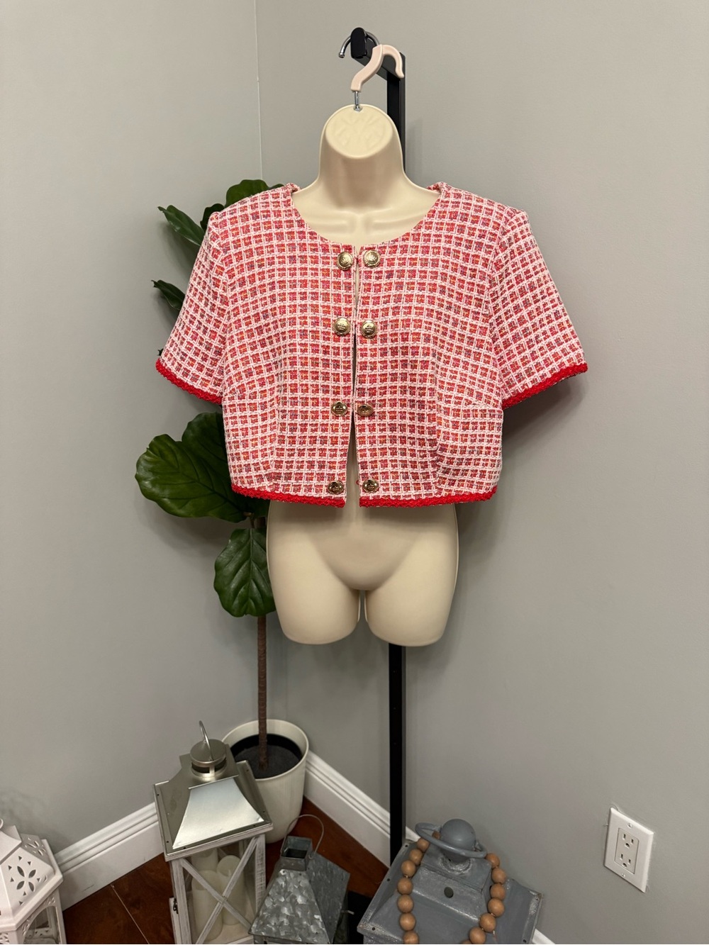 Walter Baker Tweed-Inspired Short Sleeve Jacket in Red and Pink